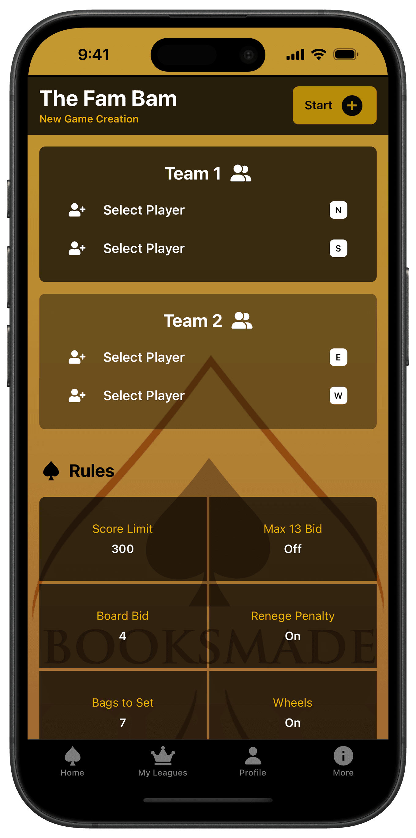 BooksMade App Screen - Displays a sample of the player selection screen